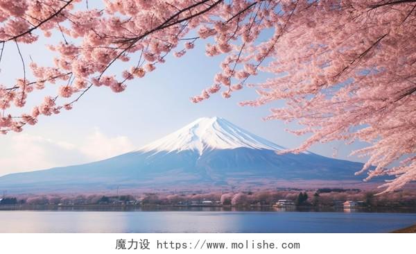 日本富士山脚下的樱花树樱花瓣飘落浪漫意境风景唯美壁纸